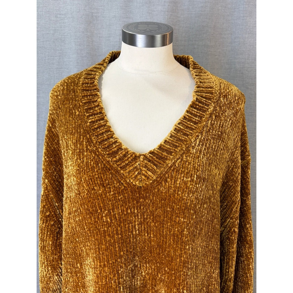 Zara Knit Gold Chenille V Neck Oversized Sweater‎ Cozy Ribbed Cuffs Luxe L